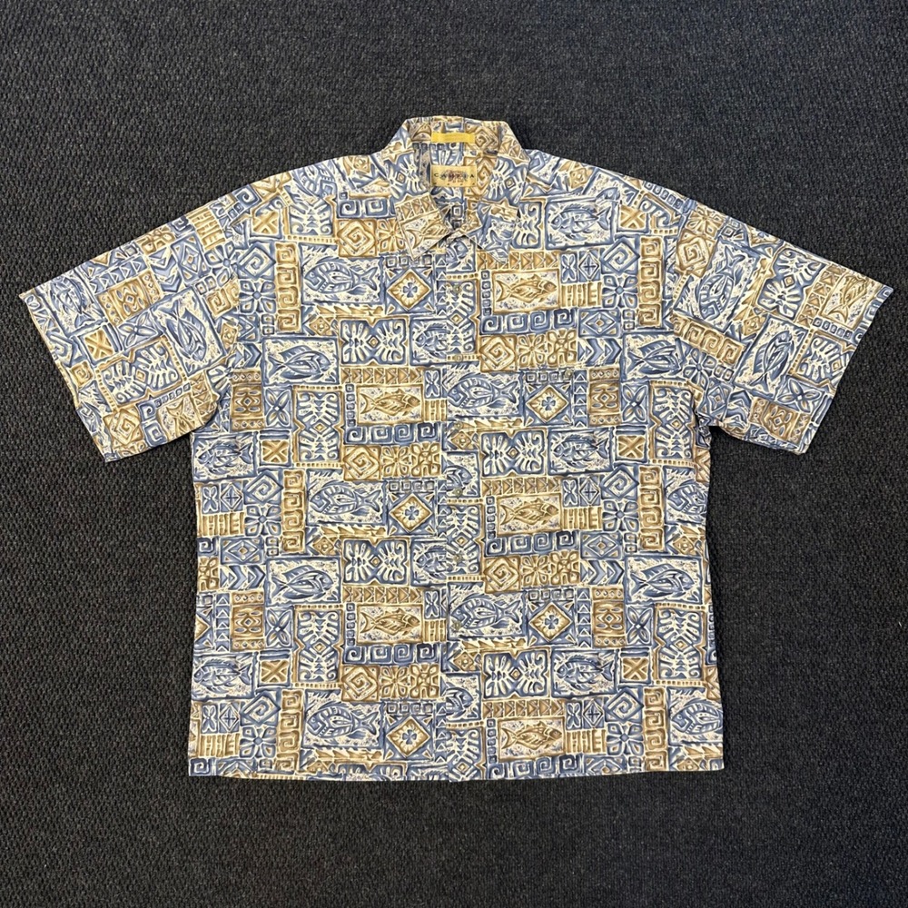 Vintage Campia Moda Tribal Fish Print Shirt Mens XL Blue Short Sleeve Vacation